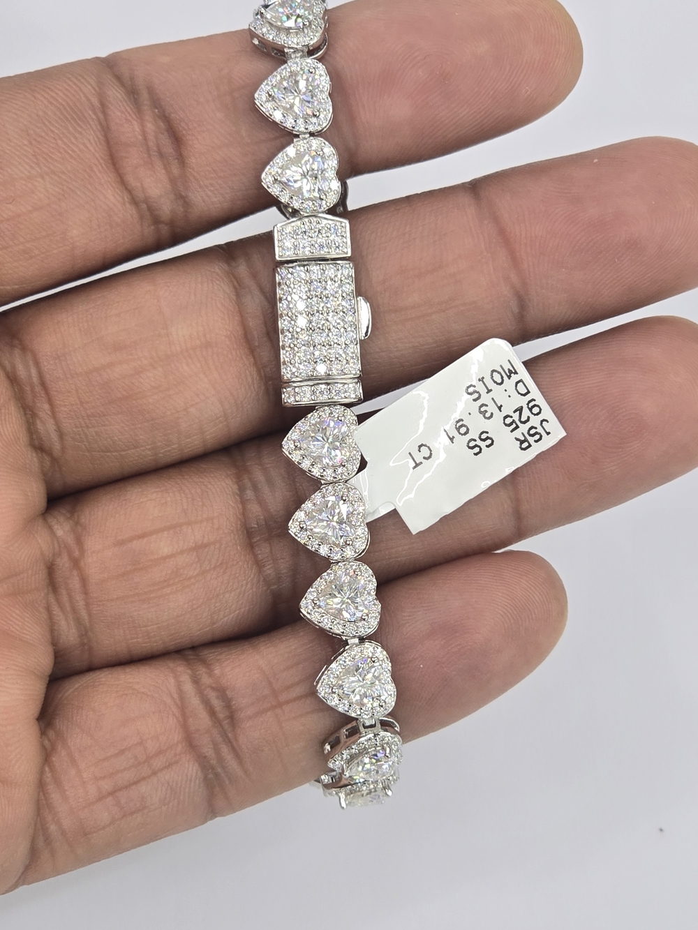 925 Sterling Silver Moissanite Diamond Heart Bracelet 7.5 INCH